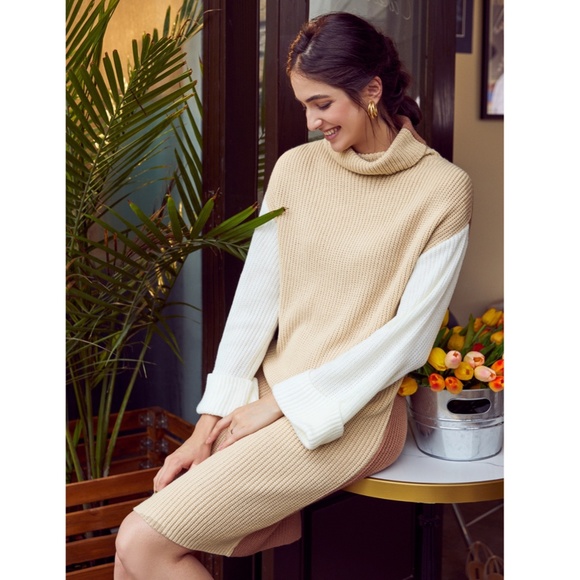 Colorblock Knit Sweater Dress Turtleneck - Picture 9 of 16